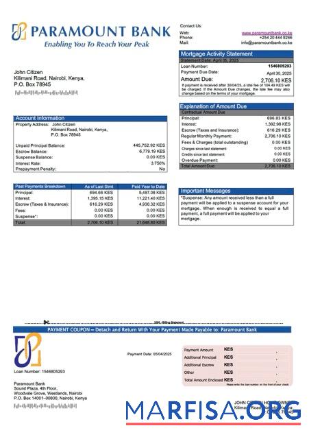 Blank Kenya Paramount Bank mortgage statement Word and PDF template
